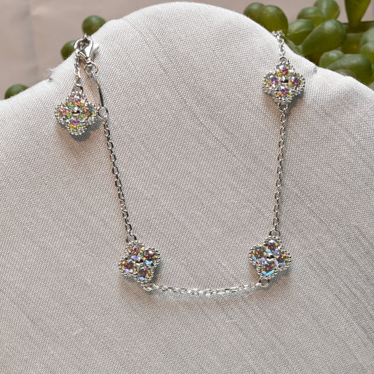 Ever-Bloom · Multi-Color Moissanite Clover Bracelet · Rhodium-Plated · Adjustable 6.5–7.5in
