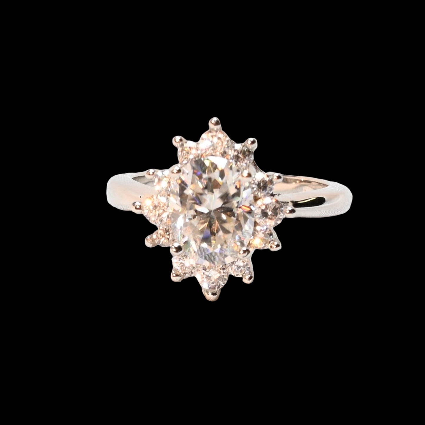 Pure Brilliance · 2ct Oval Moissanite Solitaire Sunburst Ring · Sterling Silver · Size 7