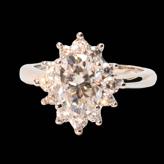 Pure Brilliance · 2ct Oval Moissanite Solitaire Sunburst Ring · Sterling Silver · Size 7