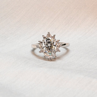 Pure Brilliance · 2ct Oval Moissanite Solitaire Sunburst Ring · Sterling Silver · Size 7