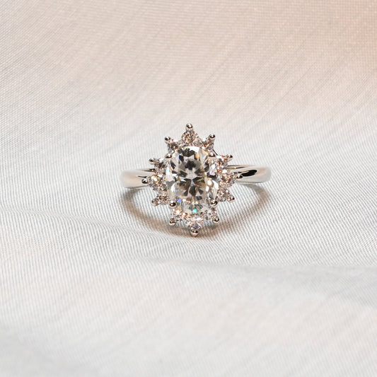 Pure Brilliance · 2ct Oval Moissanite Solitaire Sunburst Ring · Sterling Silver · Size 7