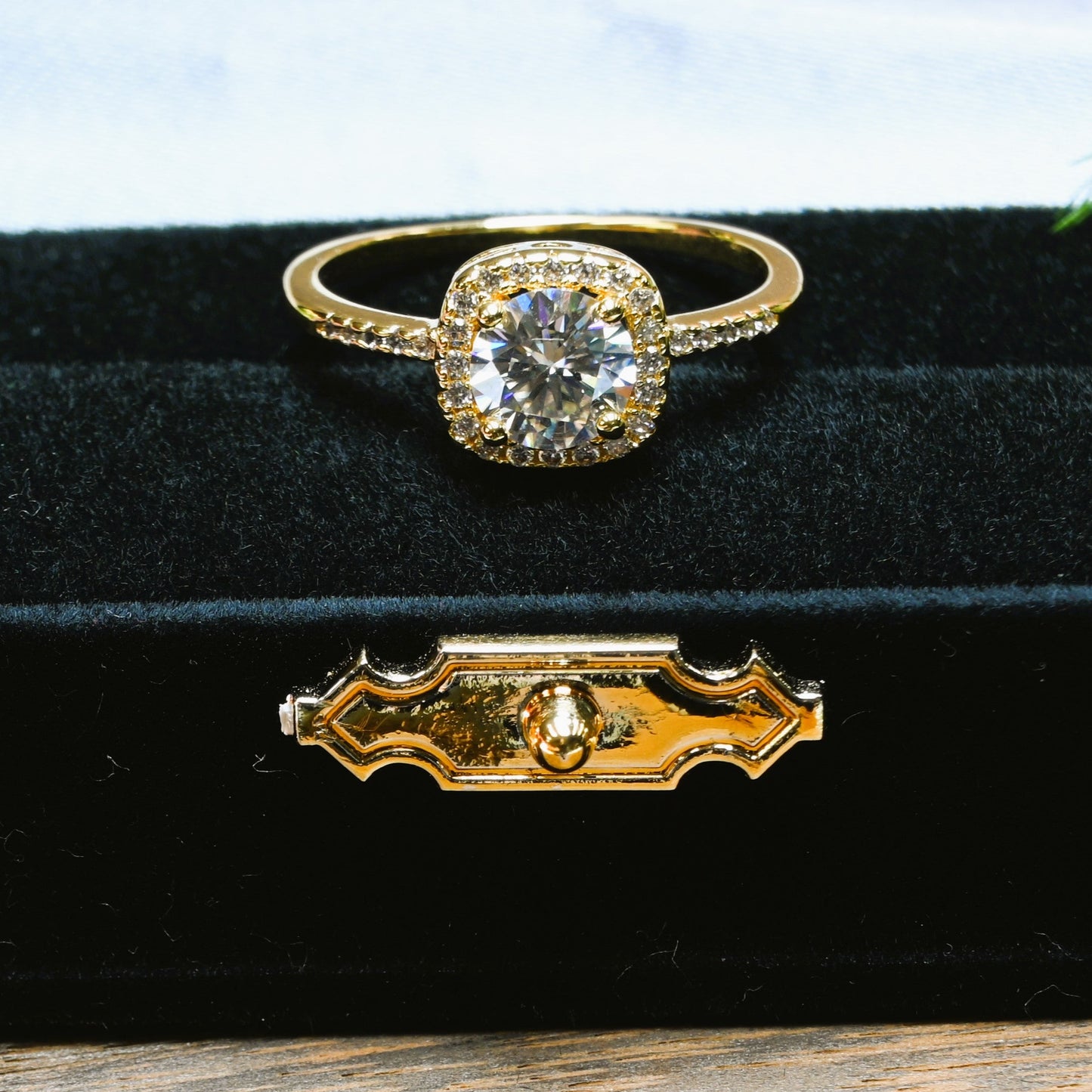 Pure Brilliance · 1ct Moissanite Solitaire Halo Engagement Ring · 18K Gold Over · Size 8