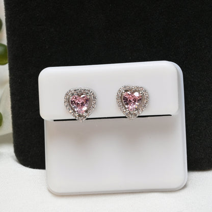 Essential Elegance · Pink Sapphire Heart Halo Stud Earrings · Sterling Silver