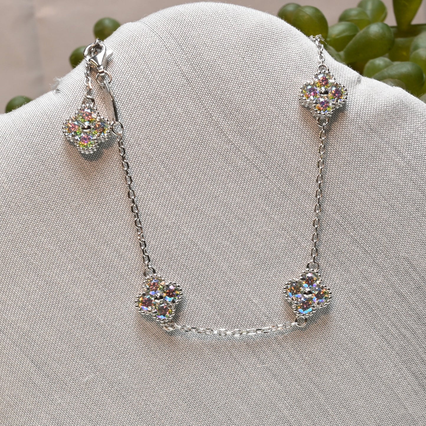 Ever-Bloom · Multi-Color Moissanite Clover Bracelet · Rhodium-Plated · Adjustable 6.5–7.5in