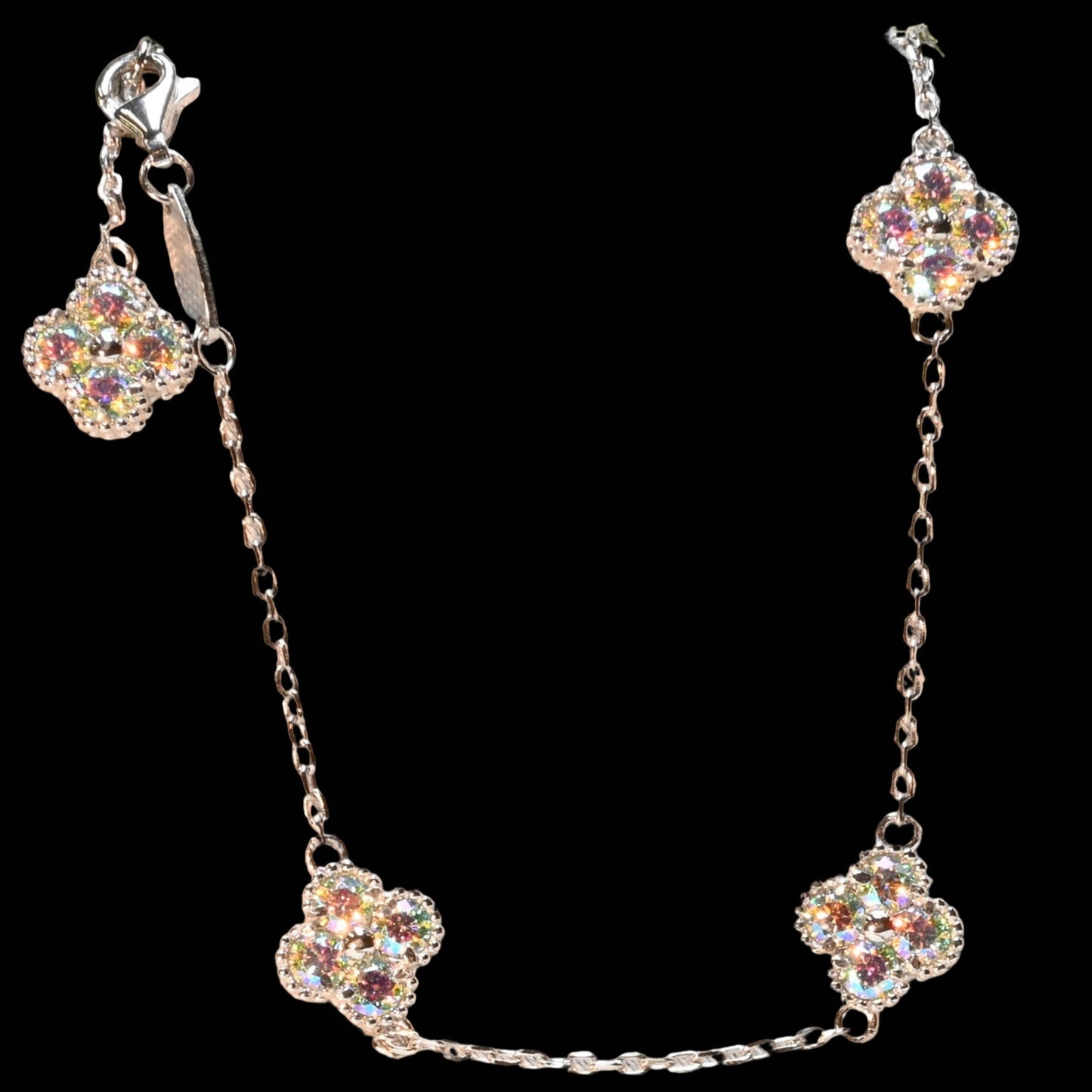 Ever-Bloom · Multi-Color Moissanite Clover Bracelet · Rhodium-Plated · Adjustable 6.5–7.5in